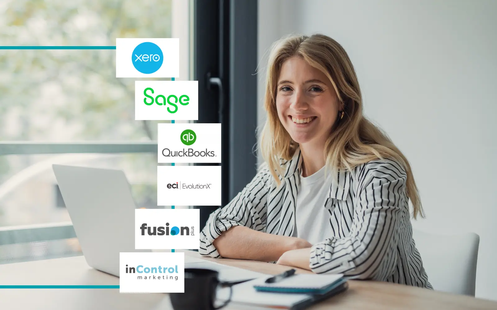 Logos of the systems Calidore ERP connects to: Xero, Sage, QuickBooks, EvolutionX, Fusionplus and InControl Marketing