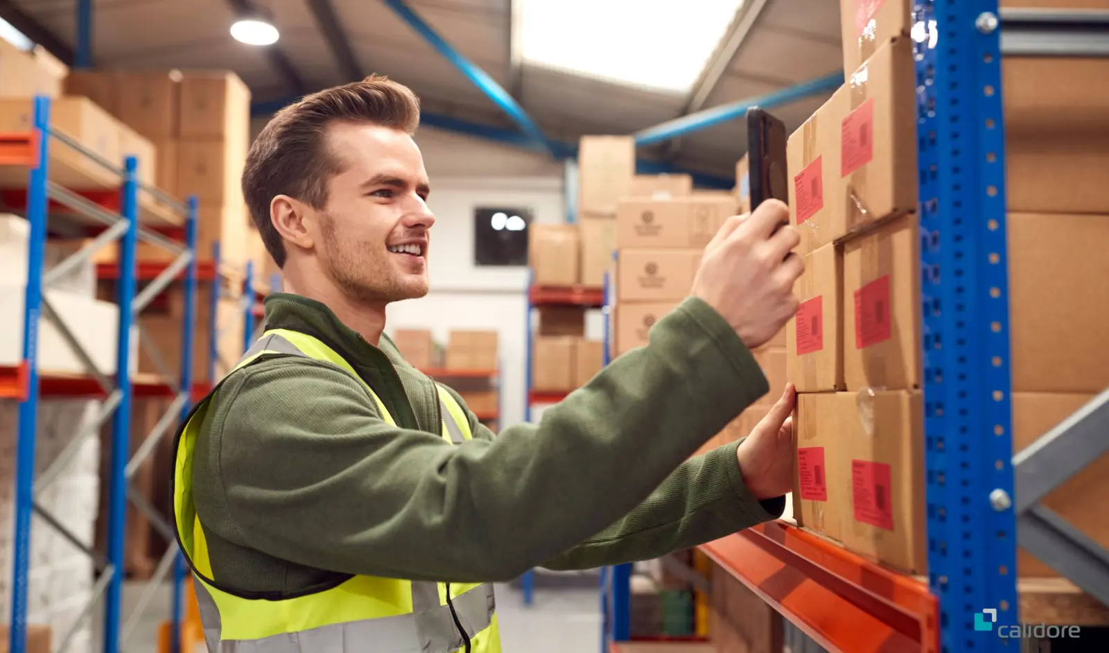 Warehouse worker checking boxes on shelving