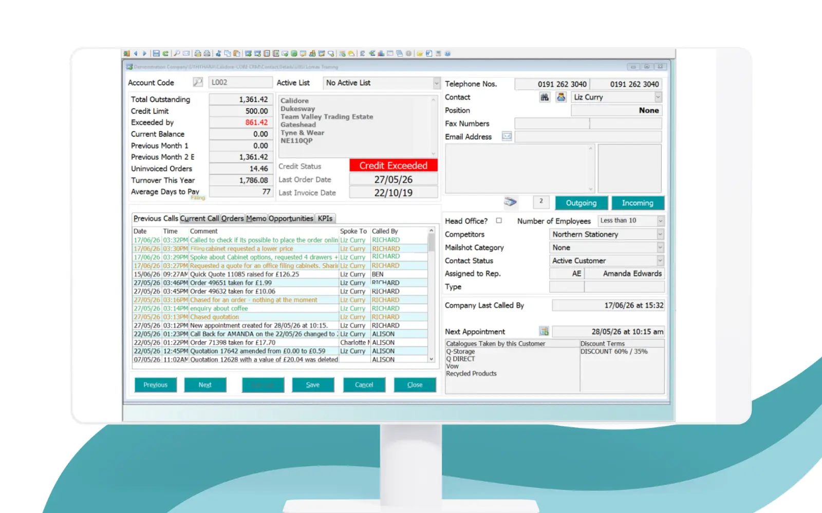 Calidore CRM customer account screen on a desktop monitor, showing account balances, credit status and a log of recent sales calls