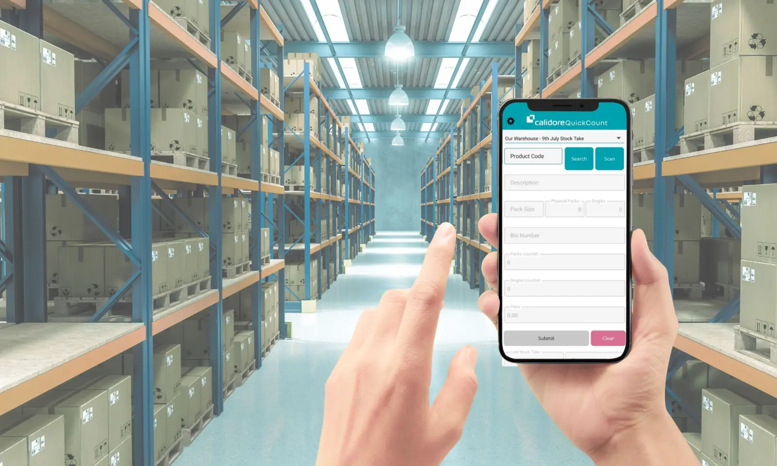 Hand using the QuickCount app on a phone in a warehouse