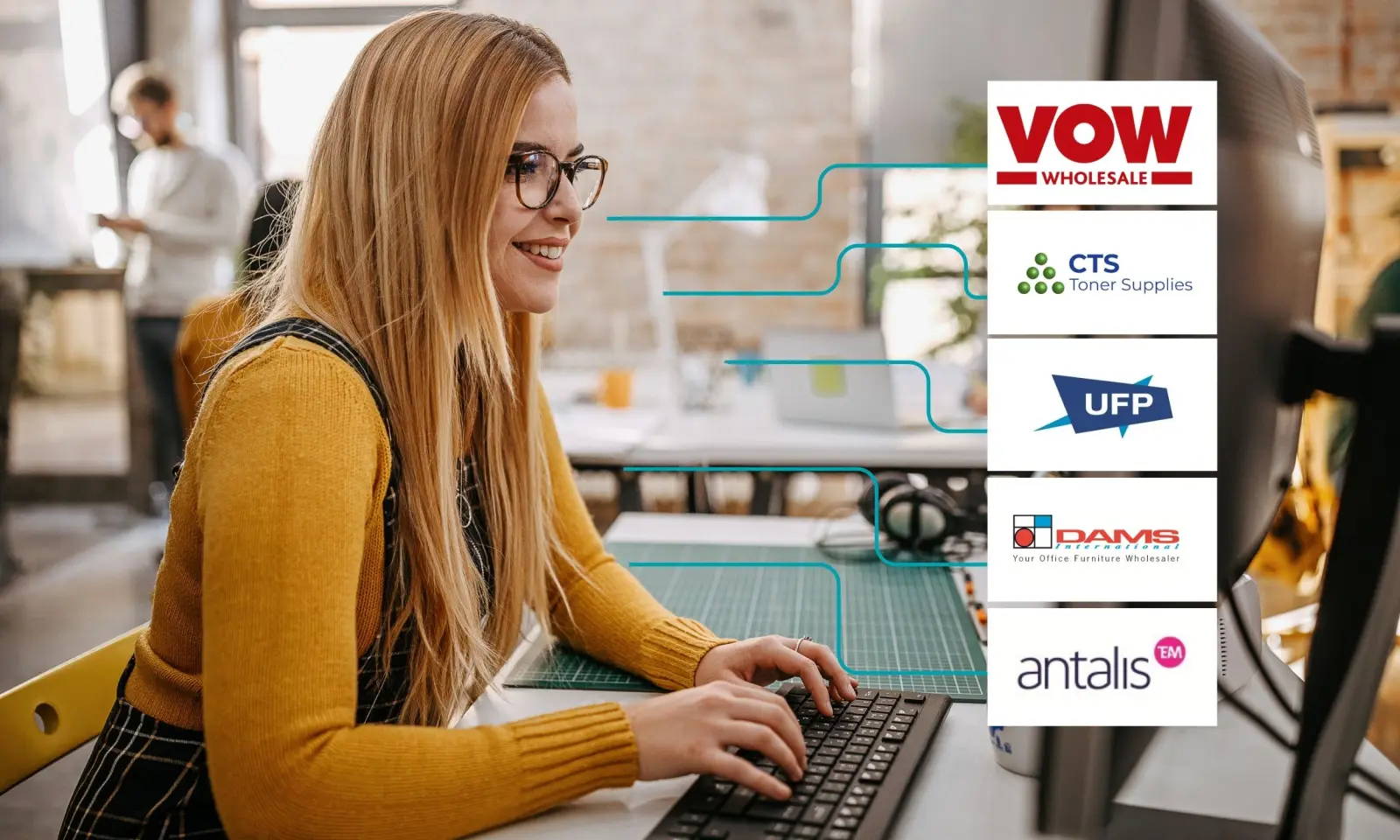 Supplier logos for VOW, CTS, UFP, Dams and Antalis connected to a Calidore user
