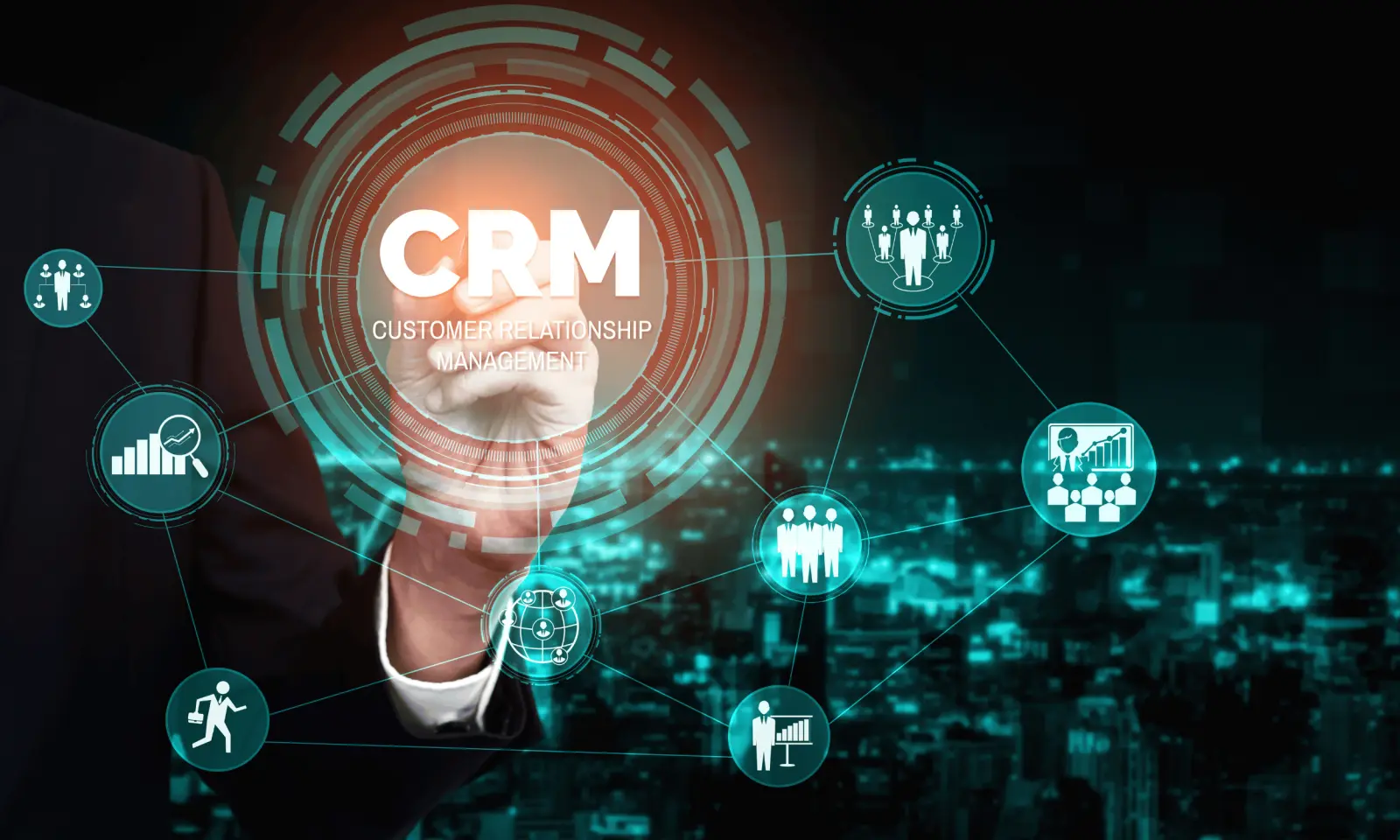 CRM (customer relationship management) graphic with connected icons