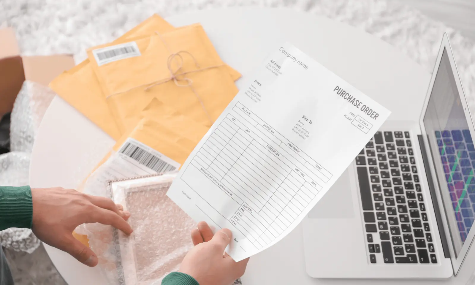 Hands holding a purchase order beside parcels and a laptop