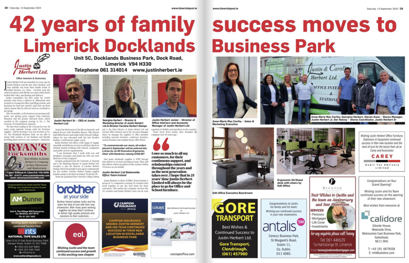 Limerick Post newspaper pages headlined “42 years of family success moves to Limerick Docklands Business Park”, featuring Justin Herbert Ltd
